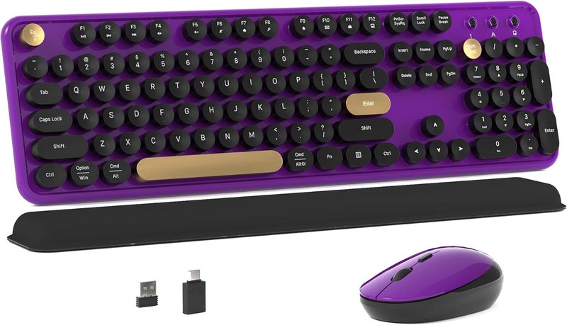 MPTOG Colorful Wireless Computer Keyboard and Mouse Combo with Round Typewriter Keycaps, Retro Design, Power Switch, Ergonomic Design, 2.4GHz Wireless for Windows, Mac, PC(Black-Purple) - Image 1